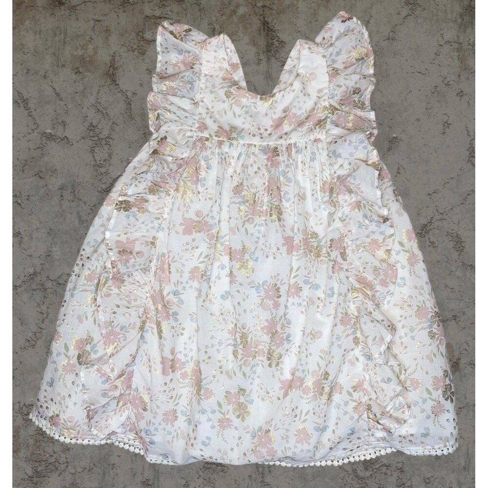 Cupcakes and Cashmere Girls 6 White Pink Floral Ruffle Cottagecore Dress
